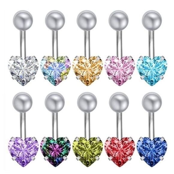 14G 316L Heart Cubic Zirconia Barbell Belly Button Navel Rings - Set of 10 - Picture 1 of 7